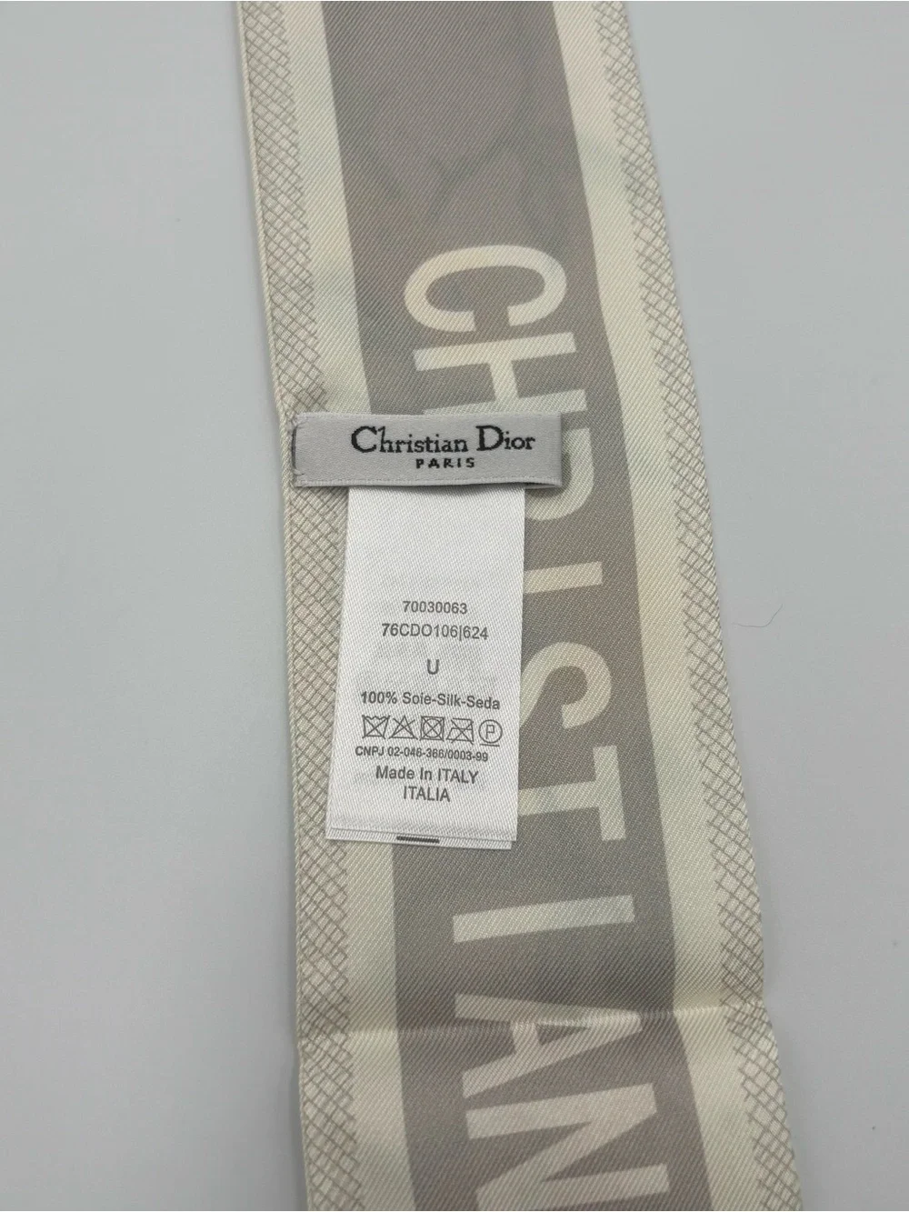 Christian Dior Mitzah Silk Scarf Floral White Gray Botanical Ribbon Twilly
